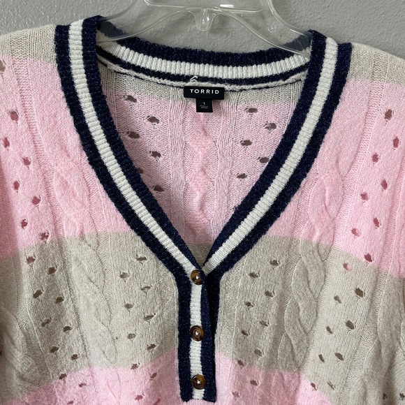 Plus Sz 1X Torrid Vegan Cashmere Pullover Henley Striped Sweater Pink Navy Beige - Picture 3 of 8